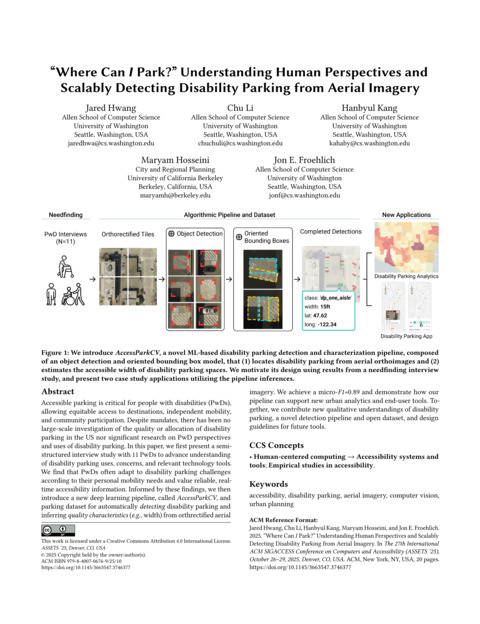 “Where Can <em>I</em> Park?” Understanding Human Perspectives and Scalably Detecting Disability Parking from Aerial Imagery thumbnail
