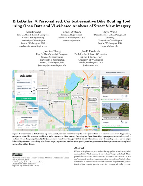 BikeButler: A Personalized, Context-sensitive Bike Routing Tool using Open Data and VLM-based Analyses of Street View Imagery thumbnail