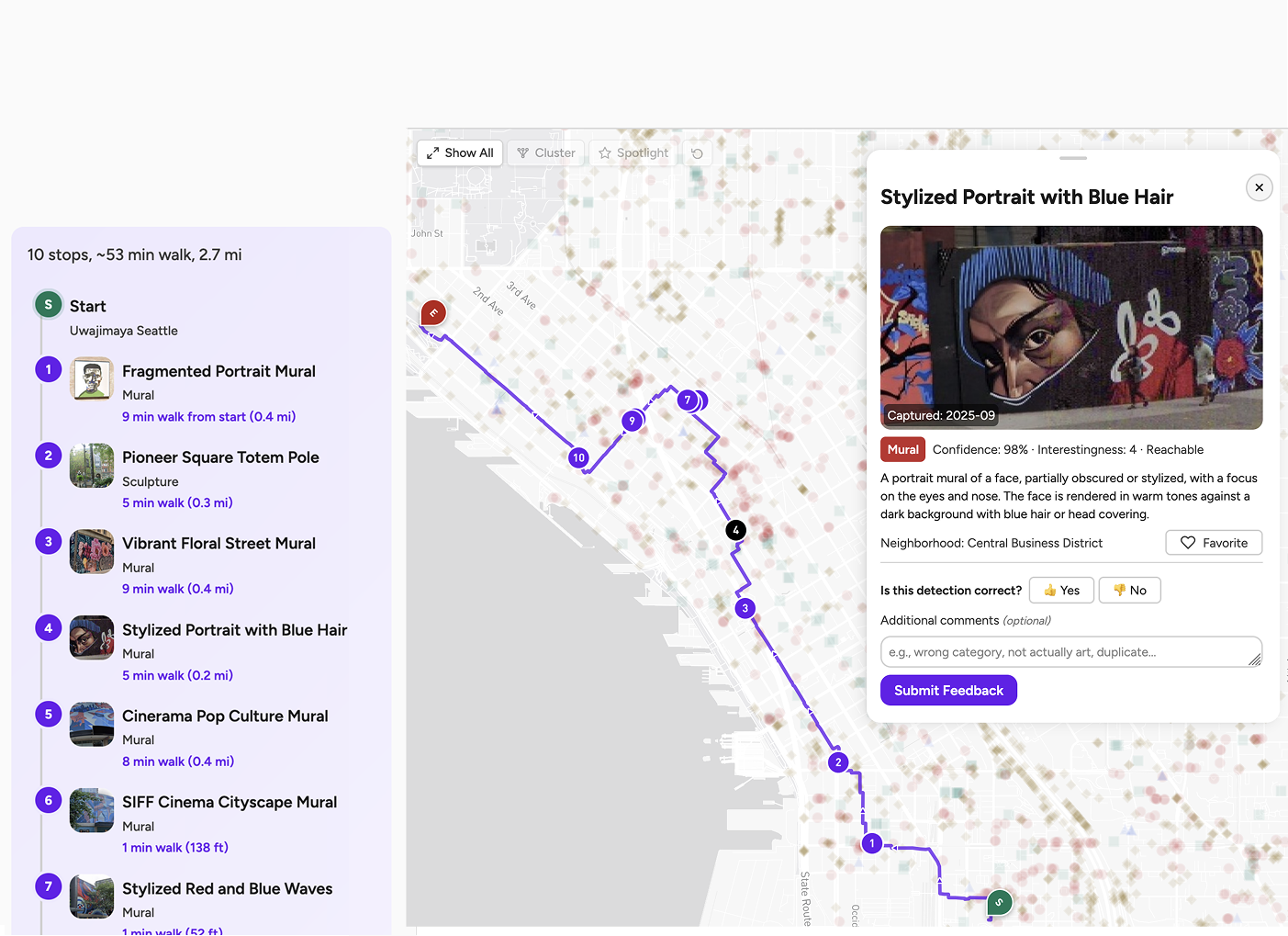 A screenshot of the ArtScape tour interface, featuring a list of stops on the left from Uwajimaya Seattle to Olympic Sculpture Park and a map of the route between those two endpoints, as well as a detail view on the side featuring an artwork titled “Stylized Portrait with Blue Hair.”