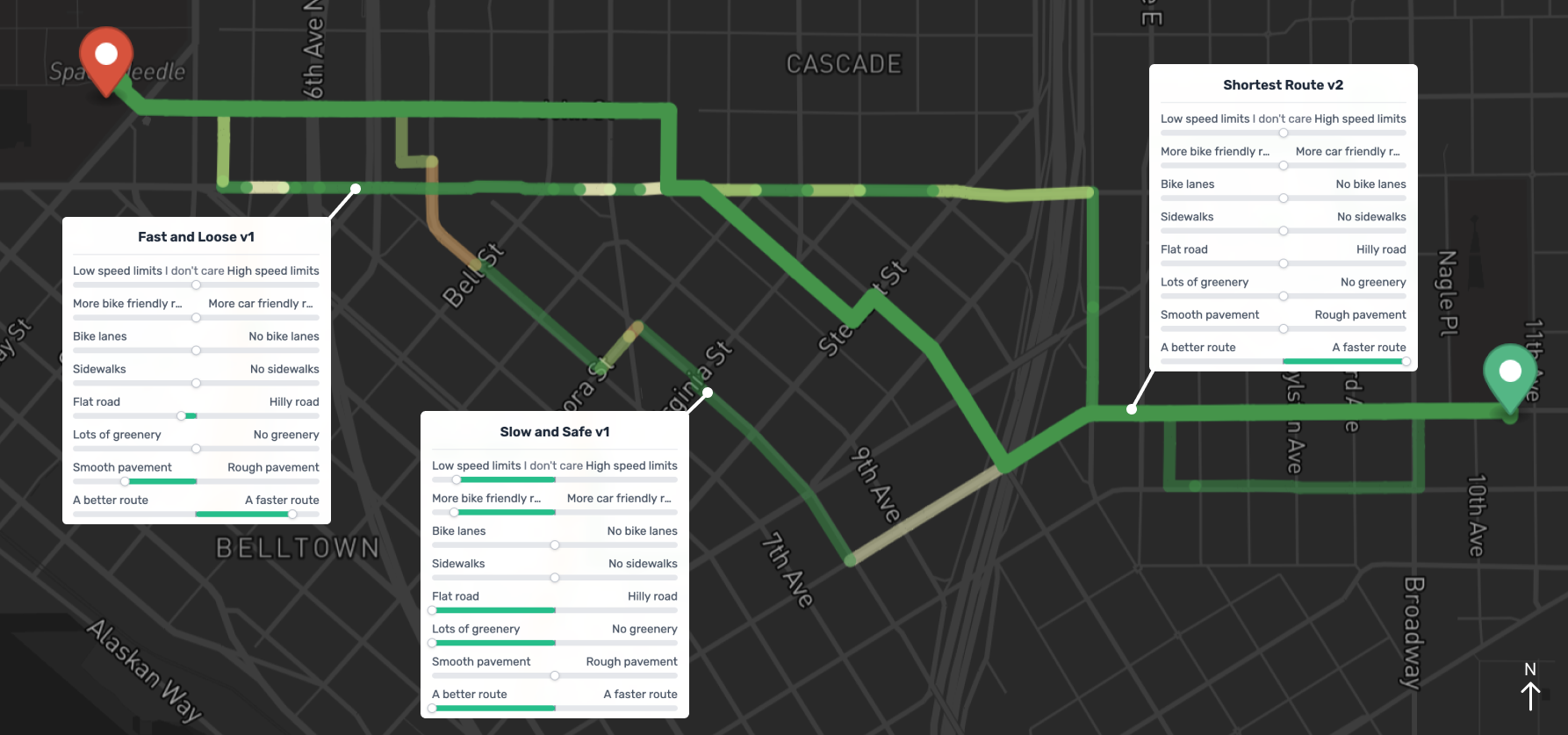 Three different routes made using BikeButler